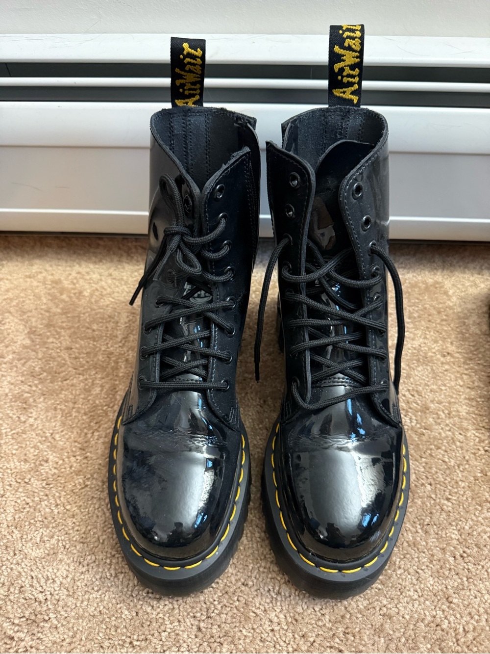 Dr. Martens Black Patent Lace-Up Combat Boots with Yellow Stitching